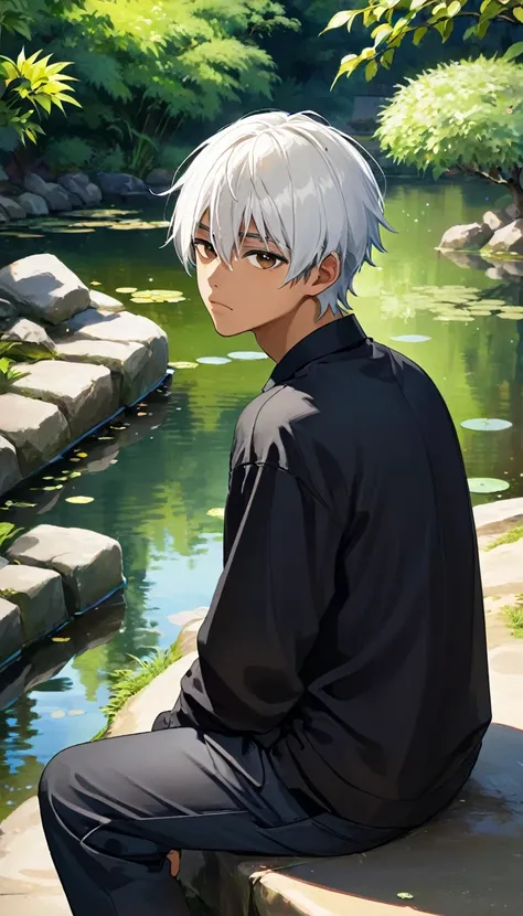 A Japanese boy, sitting by the pond, teenage, tan skin, white hair, black eyes, black eyebrow, black shirt