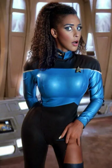 (best quality, high resolution:1.2, hyper realistic, realistic:1.37), Black woman wearing blue Starfleet uniform, Seven of Nine, James Daly art style, detailed facial features, intricate uniform design, futuristic background, vibrant colors, professional r...