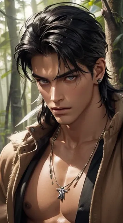 1 boy,Handsome，tall and strong,perfect male figure, eyes looking at camera, ((tanned skin)),forest，primitive，feather hair accessories，Oil paint on the face，black hair,serious expression,Beast tooth necklace,Ray tracing