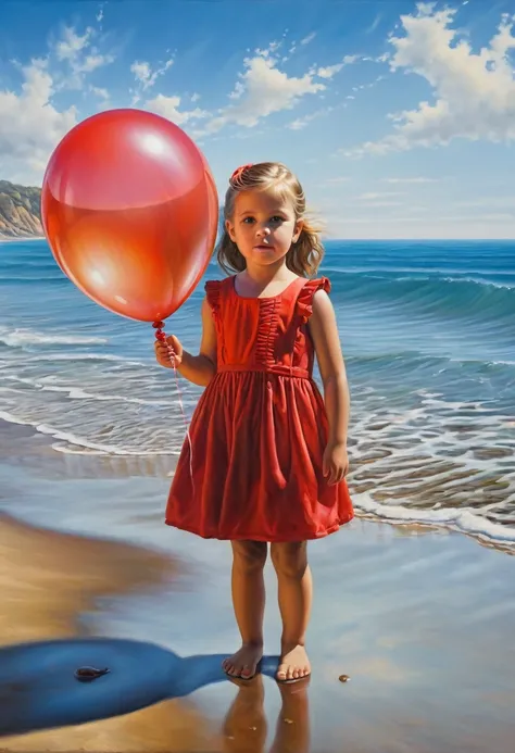 (high quality, HD, highres, masterpiece:1.2), ultra-detailed, (realistic, photorealistic, photo-realistic:1.37), surrealism, oil painting, red balloon, little girl, seashore, perfect anatomy, fine details, realistic lighting, vivid colors, vibrant hues, so...