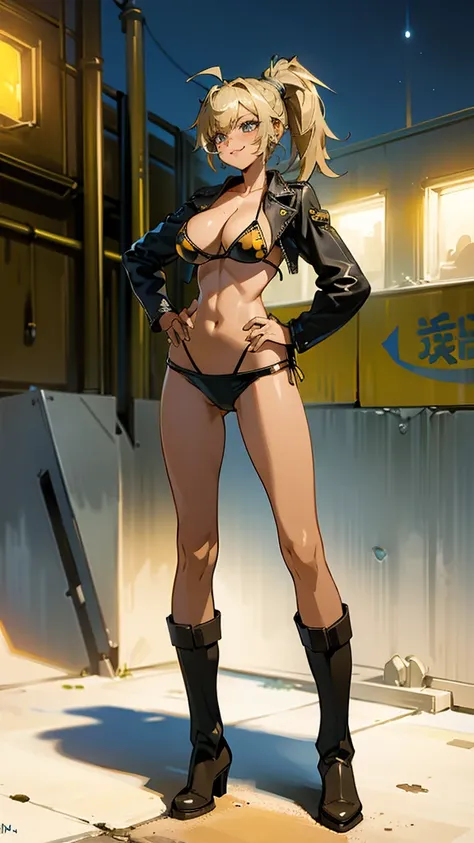 Masterpiece, best quality, Masterpiece, best quality, 1 woman , blue eyes , yellow ponytail , black leather jacket , sly face , smile , bikini , abdomen, big breasts , Long legs , boots , hands on hips , abandoned factory , at night