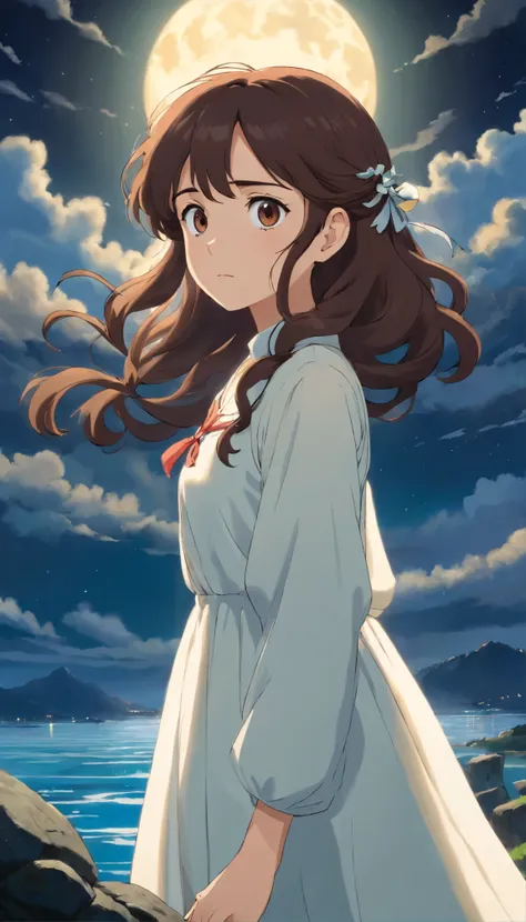 Cinematic beautiful woman with dark brown curly hair in a white dress　 A young woman with luscious dark brown curls tied up、A striking figure framed against an ominous moonlit landscape。Her eyes are pools of tears and betrayal、It reflects the pain deep ins...