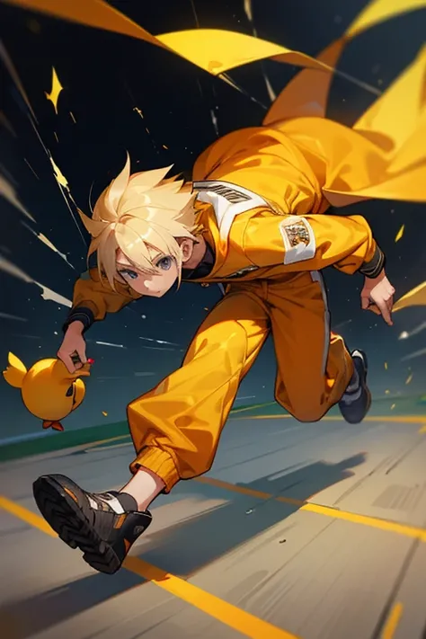 12 year old boy, blond hair, grey eyes, full body, orange goggles, chick jacket, white tracksuit pants, sprint, chocobo rush! 