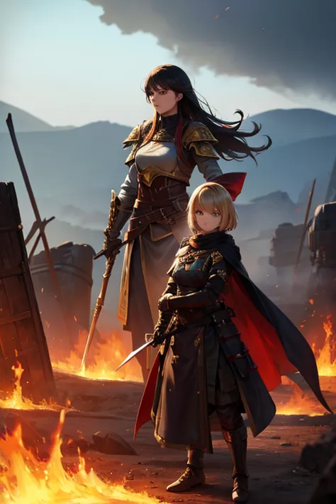 fantasy female war general is standing on a battleground. there are wall of fire behind them.