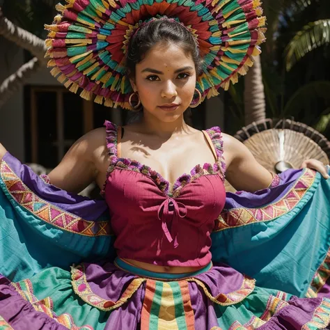 Mujer abrazando a un bebé woman in a colorful  a portrait by Kathleen Scott, flickr, renaissance, folklorico, mexican folklore, lorena avarez, costume, female dancer, figure, karla ortiz, traditional costume, editorial photo, dancer, danza azteca dancers, ...