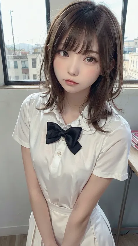 (Very delicate and beautiful: 1.2), One girl, Robber Girl, bangs, Cute eyes, bow, Brown Hair, Mouth closed, Landscape, Hair between the eyes, hair bow, Short sleeve, Looking at the audience, Medium Hair, alone, Upper Body, school uniform: 1.3, ((alone)), (...