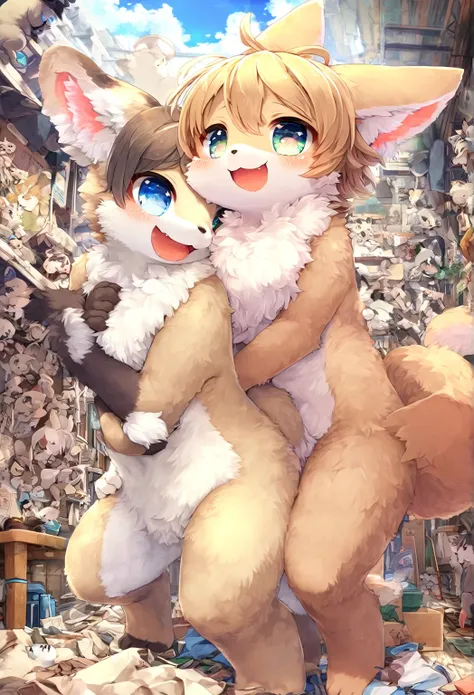 Ultra-high resolution, Detailed Background,  boy, girl, Happy, Joyful, Disorganized(kemono, Furry Personification),　Naked　Naked　Completely naked　Covered entirely in fur　Animal body types　Animal skeleton　Sexy　Adorable　Chemosafe　Pure，　No shame　having mating