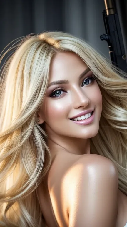 (best quality,ultra-detailed,photo-realistic:1.37),bright and vibrant colors,studio lighting,playful expression,stylish makeup,long blonde hair flowing in the wind,alluring eyes,glossy lips,sexy pose, Bayonetta, shooting range, smiling in a confident and s...