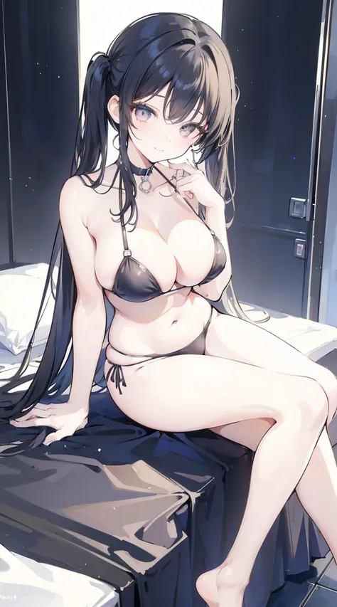 masterpiece,anime style,chibi,sexy girl,black hair,shoulder length hair with two pigtails,bikini,smiling,bigger breasts,waiting on the right side of the image,showing cleavage,full body,standing,alone,resting on the bed,