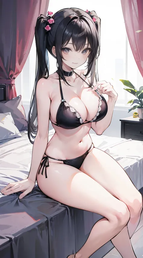 masterpiece,anime style,chibi,sexy girl,black hair,shoulder length hair with two pigtails,bikini,smiling,bigger breasts,waiting on the right side of the image,showing cleavage,full body,standing,alone,resting on the bed,