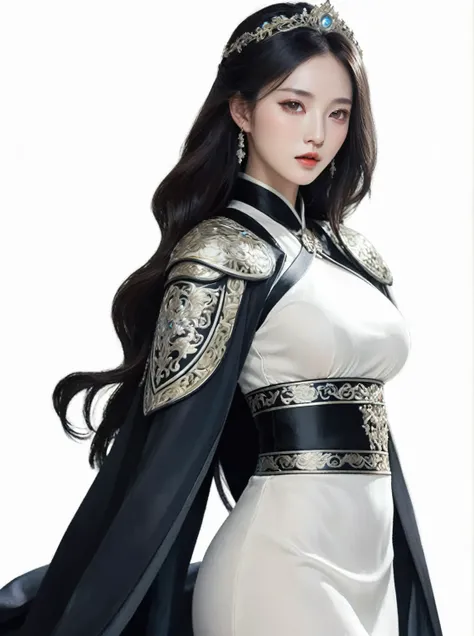 Close up of woman wearing white dress and black cape, full body xianxia, beautiful fantasy empress, by 양J, beautiful character drawings, Highly detailed characters, amazing character art, Epic and exquisite character art, ((beautiful fantasy empress)), Ver...