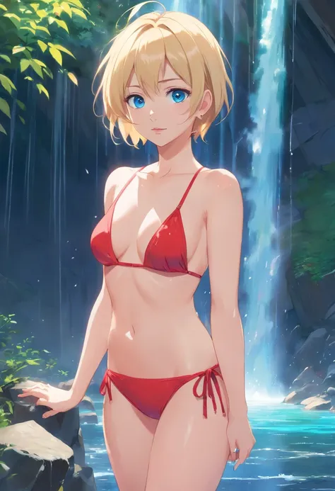 17 years old Women, ((Blonde)), ((Blue eyes)), ((Short hair)), ((Full shot)), very detailed makeup, pale pink lipstick, long earrings, bare shoulders, She is wearing a a red micro bikini, standing under a waterfall, the floor is wet