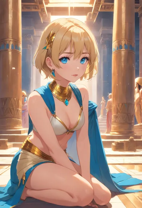 17 years old Women, ((Blonde)), ((Blue eyes)), ((Short hair)), ((Full shot)), very detailed makeup, pale pink lipstick, long earrings, bare shoulders, Dressed as an Egyptian goddess inside a temple surrounded by other gods, the floor is wet