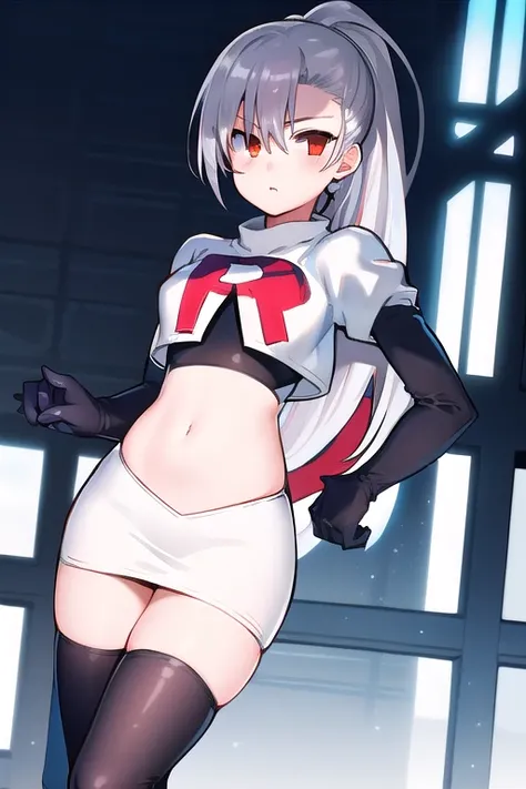 1girl, tina, best quality, long ponytail, silver hair, red eyes, highly detailed, team rocket,team rocket uniform,white skirt,red letter R,crop top,black thigh-highs,black elbow gloves