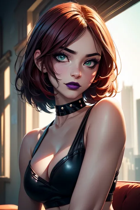 Masterpiece, beautiful art, professional artist, 8k, very detailed face, very detailed hair, 1girl, Rogue (RogueXME, short hair, two-tone hair, (red hair), (white bangs), green eyes, purple makeup, purple lipstick, medium breasts, smiling, choker, studded ...