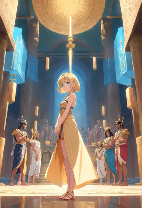 17 years old Women, ((Blonde)), ((Blue eyes)), ((Short hair)), ((Full shot)), very detailed makeup, pale pink lipstick, long earrings, bare shoulders, Dressed as an Egyptian goddess standing inside a temple being worshiped by people and surrounded by Anubi...