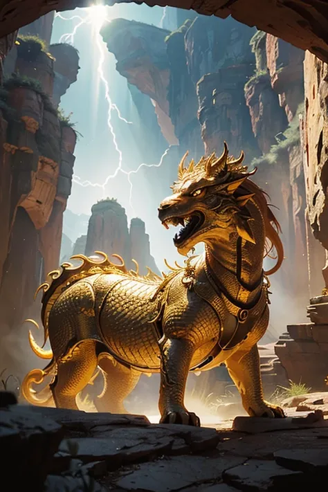 A majestic and divine golden dragon coiled in the center of the screen, staring at the camera. The surroundings are an inaccessible canyon with lightning running, and the sun shining brightly.