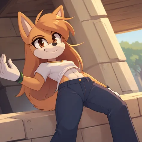 (score_9, score_8_up, 2d), 1girl, smug girl mobian, female mobian, shirt, pants, orange hair, orange fur, smug face, light brown eyes, long hair, smug, solo, (toned body).