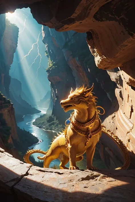 A majestic and divine golden dragon coiled in the center of the screen, staring at the camera. The surroundings are an inaccessible canyon with lightning running, and the sun shining brightly.