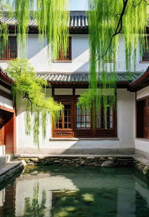 Greyish-white walls feature three windows in the center, with several green willow branches hanging down from above. Sunlight filters through the leaves and shines on the flowing water, creating a scene reminiscent of traditional Chinese landscape photogra...