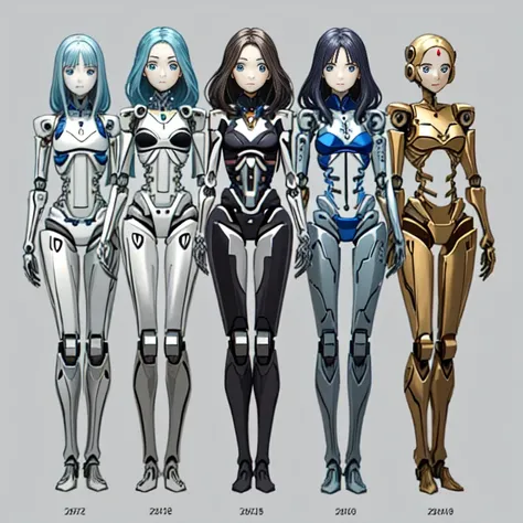 Women transformed into robots,
 Masterpiece,
 Full Body Shot,
 Multipose,
 All of their faces are beautiful human faces.,
 Everyone looks the same except for their faces々The internal skeleton is visible in various colors.,
 All of them have different sizes...