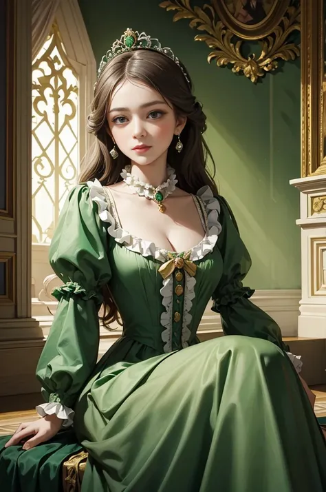 a woman in a green dress sitting on a set of stairs, dress in the style of rococo, historical baroque dress, rococo queen, 1 7 t...