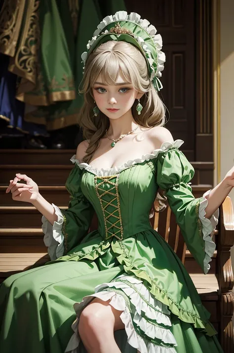 a woman in a green dress sitting on a set of stairs, dress in the style of rococo, historical baroque dress, rococo queen, 1 7 t...