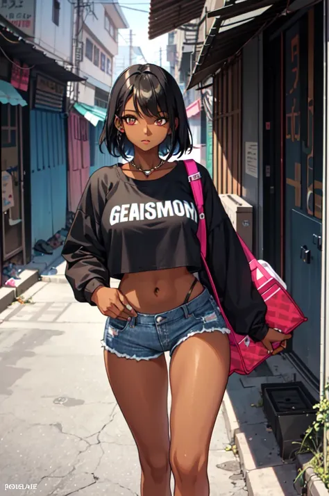 1girl, masterpiece, best_quality, Dark-skinned_female, black hair,_eyes, black_eyes, large_breasts, Gyaru, Make up, Shorts, denim_shorts, crop_top, navel, midriff, toned, walking in slum (abs:0.8),