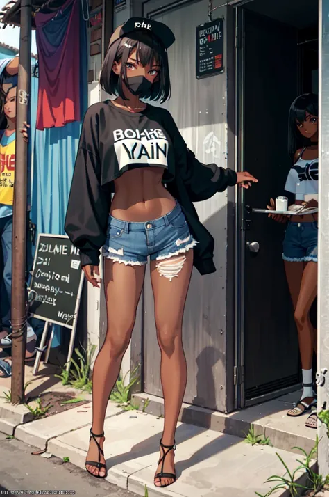 1girl, masterpiece, best_quality, Dark-skinned_female, black hair,_eyes, black_eyes, large_breasts, Gyaru, Make up, Shorts, denim_shorts, crop_top, navel, midriff, toned, walking in slum (abs:0.8),