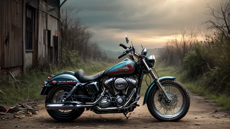 Abandoned Harley Davidson, metal enferrujado escuro, danificado (quebrado,naufragado) carros, weeds are growing