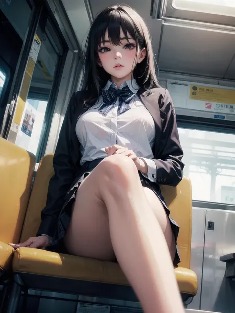 "(masterpiece, High resolution, Ultra High resolution, 4K) Black Hair, 14 year old Japanese girl, Uniform skirt, Accentuate your thighs, White thighs, Soft thighs, Gorgeous thighs, Sitting on a train, Orientation angle, (Angle from below),sitting in a trai...