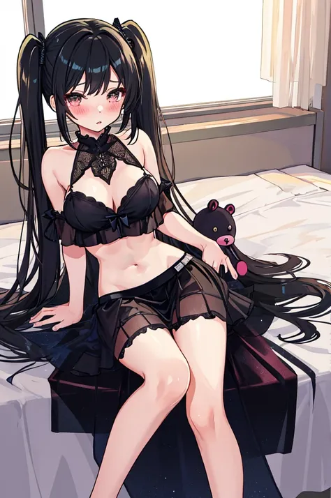 A girl，Sitting on the bed，There are a lot of stuffed animals，twintails，Long hair，Black Hair，((transparent))，Towering breasts，Lolita skirt，Sexy Lingerie，Flowing fabric，Slim waist，Showing belly，Smooth legs，blush，