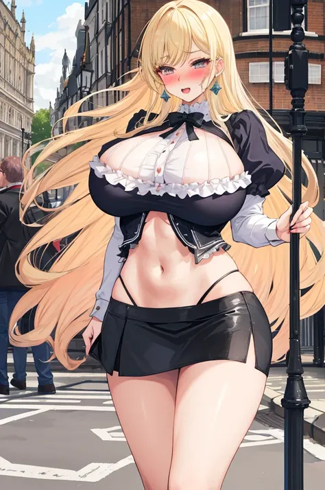 A woman with big ，(Gorgeous woman)，ahegao，Victorian style，Long blond hair，Showing belly，Slim waist，(miniskirt)，(Blush:1.2)，On the streets of London，