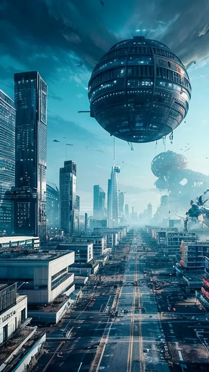 create an image for the cover of chapter 6 of the book '2067', where a futuristic city is depicted completely destroyed, due to ...