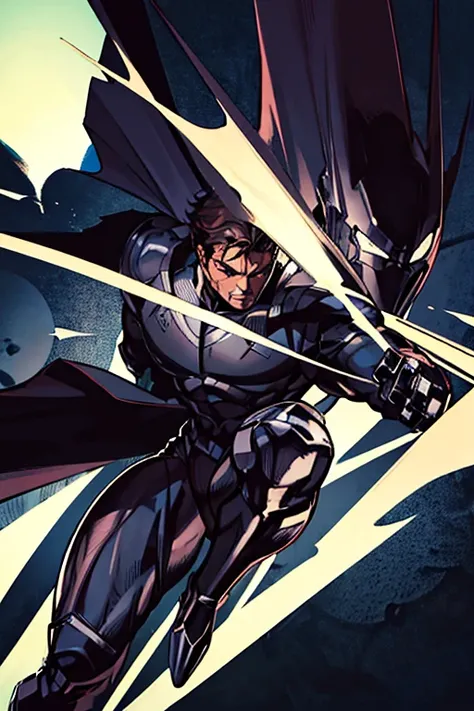 superhero man, has godly metal silver armor, wears black cape, wears black gloves, and has black stripes on both sides of arms, has no logo on armor, has brown hair, and lives in superhero base