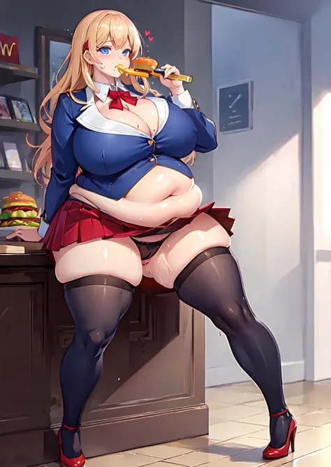 High quality, full body photo of a beautiful sexy secretary wearing extremely short skirt and seamed stockings, ((solo)), adult, high heels, craves sex, sweaty, eating at McDonalds, beautiful face, stunning blue eyes, massive painfully overstuffed bloated ...