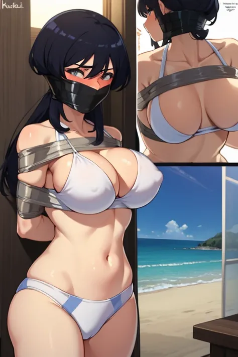 1 girl, detailed eyes, lange wimpern, detailed beautiful face, Long black hair, body long black hair, improvisierter Knebel, (Klebebandknebel:1.5), GEKNEBELT, Klebeband, festgebunden, (Arms behind the back:1.4), gefesselte Arme, schwarzer Bikini, blushing,...