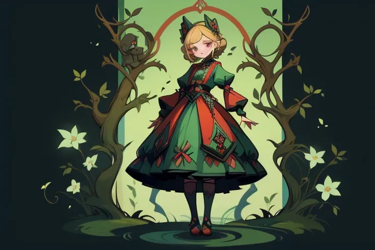 1sticker，Handbook，(1 Gothic Lolita), (standing full-body), (Full body standing painting), 1 Princess，(standing full-body)，solo, BJD dolls, Blush, long  skirt，character  design, fanciful, alice in the wonderland, Gothic Lolita red dress, Green high socks, W...