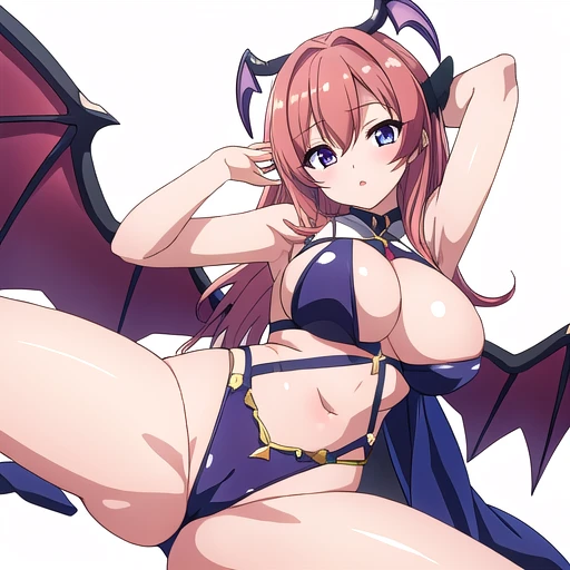 masterpiece, best quality, solo, seductive pose, random pose, ((white background)), large breasts, succubus, dutch angle, spread legs, armpit,
