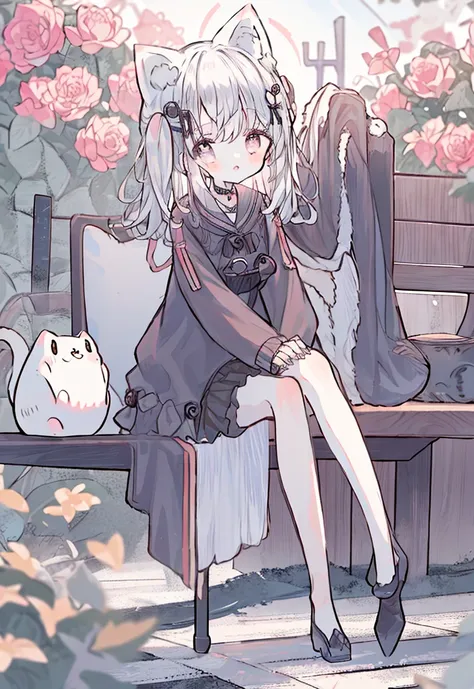 white hair、short-hair、curled hair、light red eyes、cute clothes、jaket、a slight smil、black skirt、small sunshine、benches、shelter、hig...