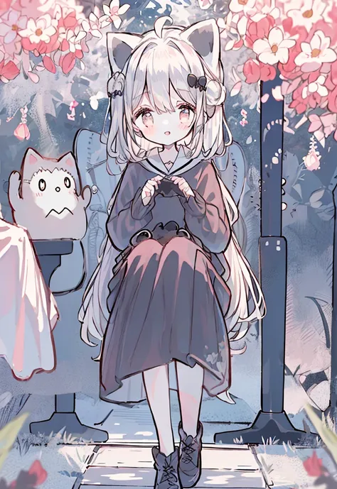 white hair、short-hair、curled hair、light red eyes、cute clothes、jaket、a slight smil、black skirt、small sunshine、benches、shelter、hig...