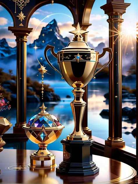 a majestic golden trophy in the magic world，luxury，spectacular，sophisticated design，the surface is inlaid with precious gemstone...