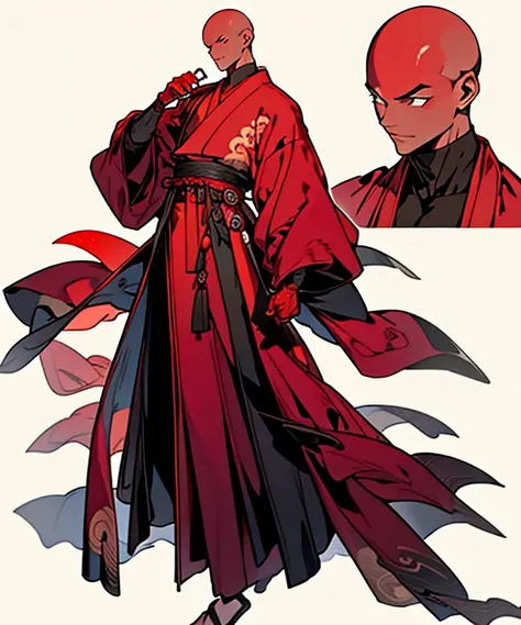 Baldhead，Monk，Robe，Red clothes，Handsome，Buddhist beads，whole body，front，Simple background