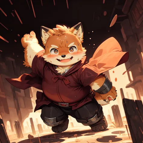 New Jersey 5 Furry，fox，portrait,（Solitary），child，Beautifully，Chubby，Orange plush fur，Cute face，Black eyebrows，(knight clothing, Cherry red long cape),Child，（Sword in hand），On the battlefield，Shine on the scene，Dynamic Angle, (Dynamic poses), masterpiece,be...