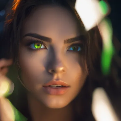 night scene, Close-up photo of sexy, look into the camera, intensive, Black hair, (green eyes:0.8), Soft volumetric light, (Backlit:1.3), (Cinematic:1.3), complex parts, (art station:1.2)