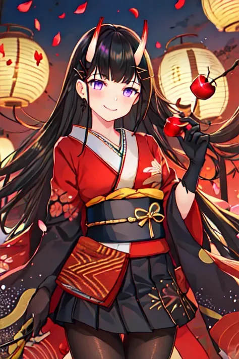 best quality, masterpiece, highres, solo, {noshiro_azurlane:1.15}, long_hair, horns, oni_horns, black_hair, purple_eyes, bangs, ...