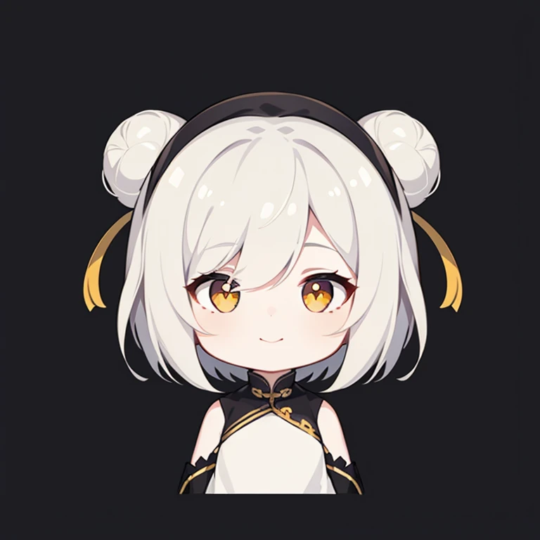 best quality, female, happy, neutral, looking to the side, looking to the left, short hair, white hair, eyes open, pale skin, chibi, white background, cute, chibi, icon, flat icon, headshot,China dress,chinese bun black short hair,bun cover,Yellow Eyes