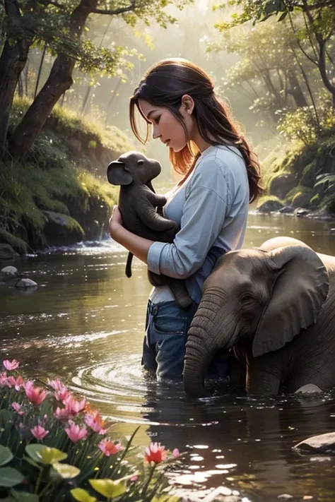 

"Imagine a meadow bathed in evening light, where vibrantly colored flowers sway gently in the warm breeze. En el centro del prado, a mother elephant cradles her little elephant with her trunk, ambos con los ojos cerrados en un gesto de pura serenidad y a...