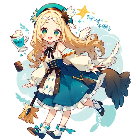 From above, 1 girl, cute, double eyelid, smile, Mouth open, We say, Green Eyes, Round face, Round eyes, Milk tea beige wavy hair, Parted bangs, Perm Hair, White Beret、  Gothic,White Cape, Frills, White knee-high socks, corset, (skirt, whiteblue long sleeve...