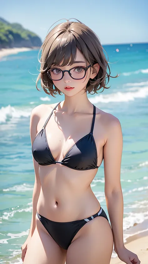 highest quality、Realistic、female、Japanese、zoom、cute、Gray Eyes、Chestnut Hair、Very Short Hair、Swimwear、Glasses、Ocean、